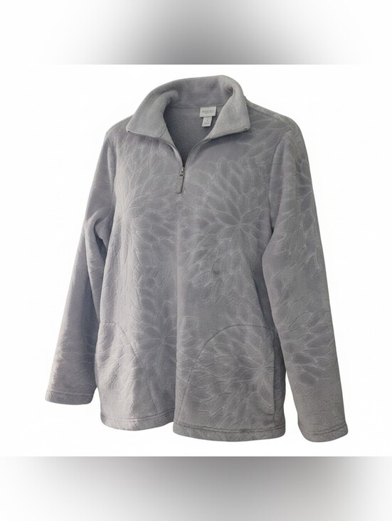 Weekend by Chico's Tops - Weekends by Chico's Cozy Gray Embossed Floral Quarter Zip Fleece Tunic Sweatshir